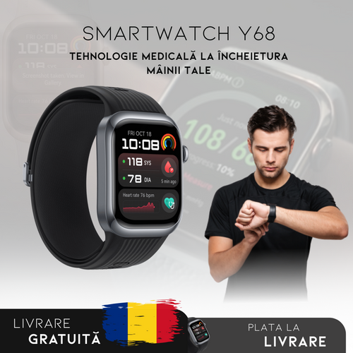 Smartwatch Y68: Monitorizare Inteligentă | Meniu în română